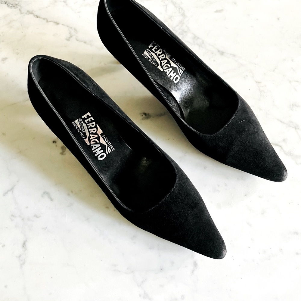 Classic Ferragamo black suede pumps heels …